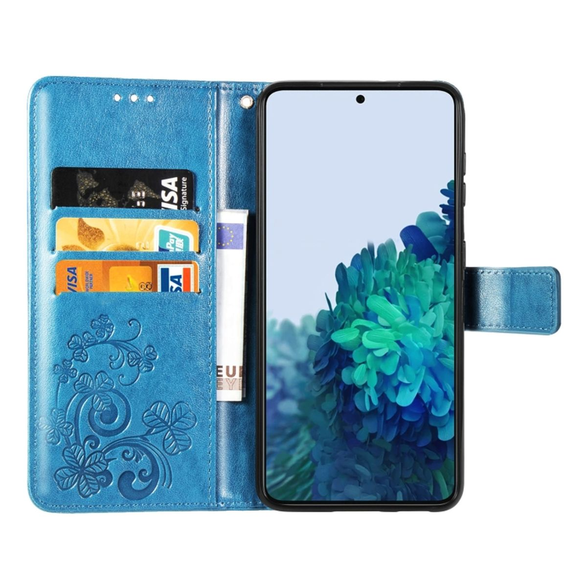 Blaue Handyhülle, offen, mit Karten, Bargeld und Telefon. Blumendesign.