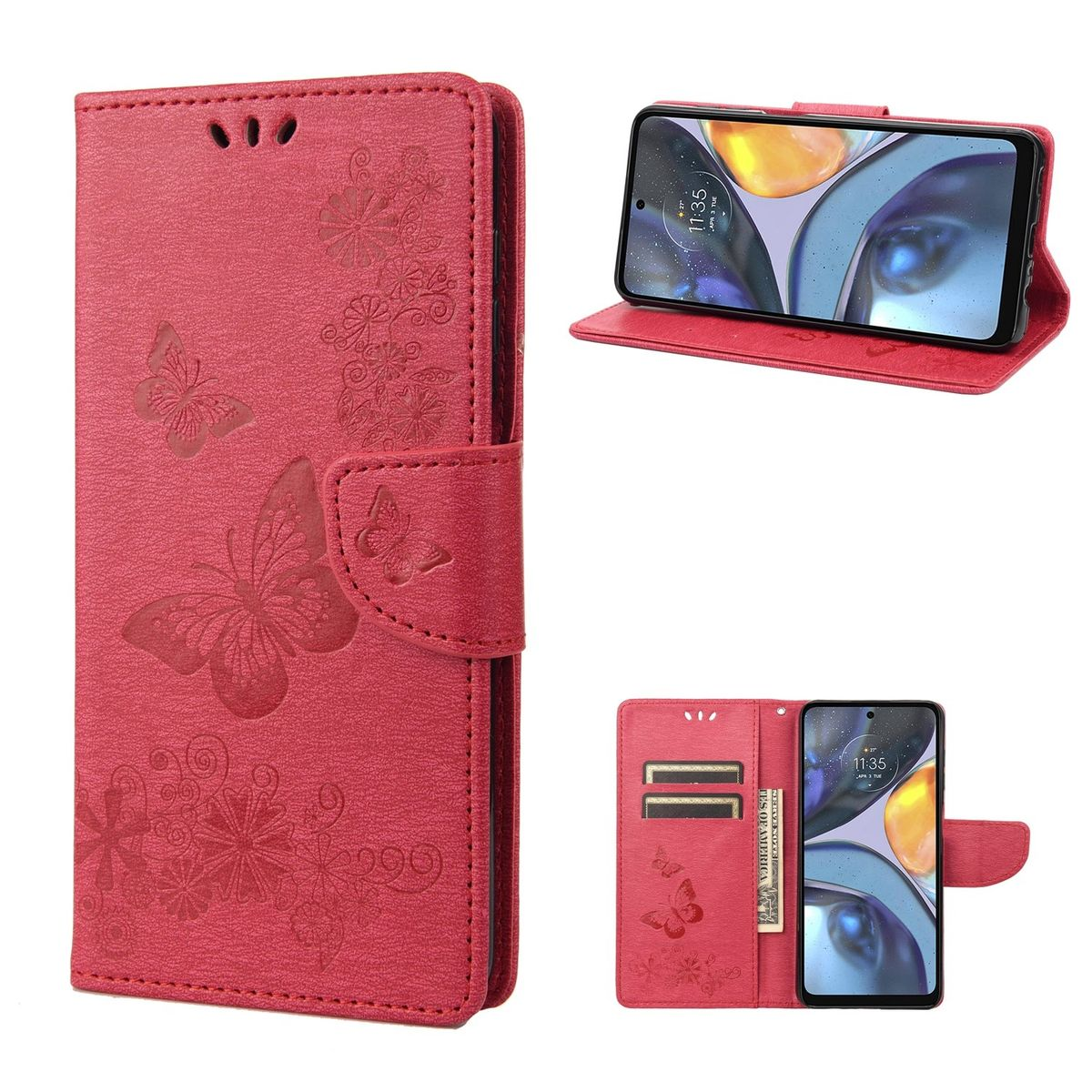 Rote Handyhülle mit Schmetterlingsdesign. Telefon im Etui und auf Ständer. Telefon hat Display mit orange Farbe.