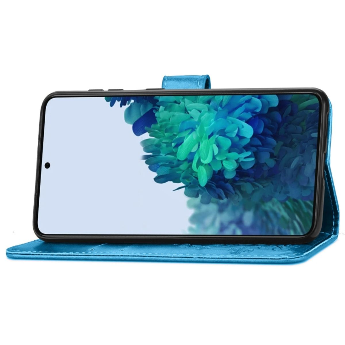 Blaue Handyhülle, offen. Telefonbildschirm zeigt ein blaues und grünes abstraktes Blumendesign.