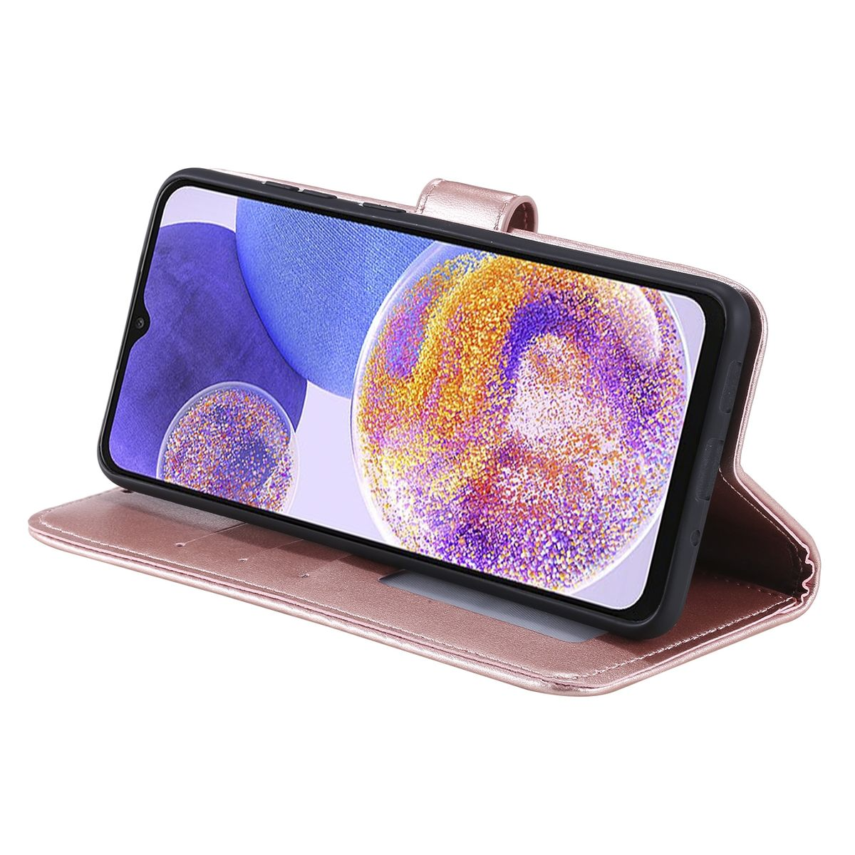 Telefon in rosa Handyhülle, offen. Der Bildschirm zeigt buntes abstraktes Bild.