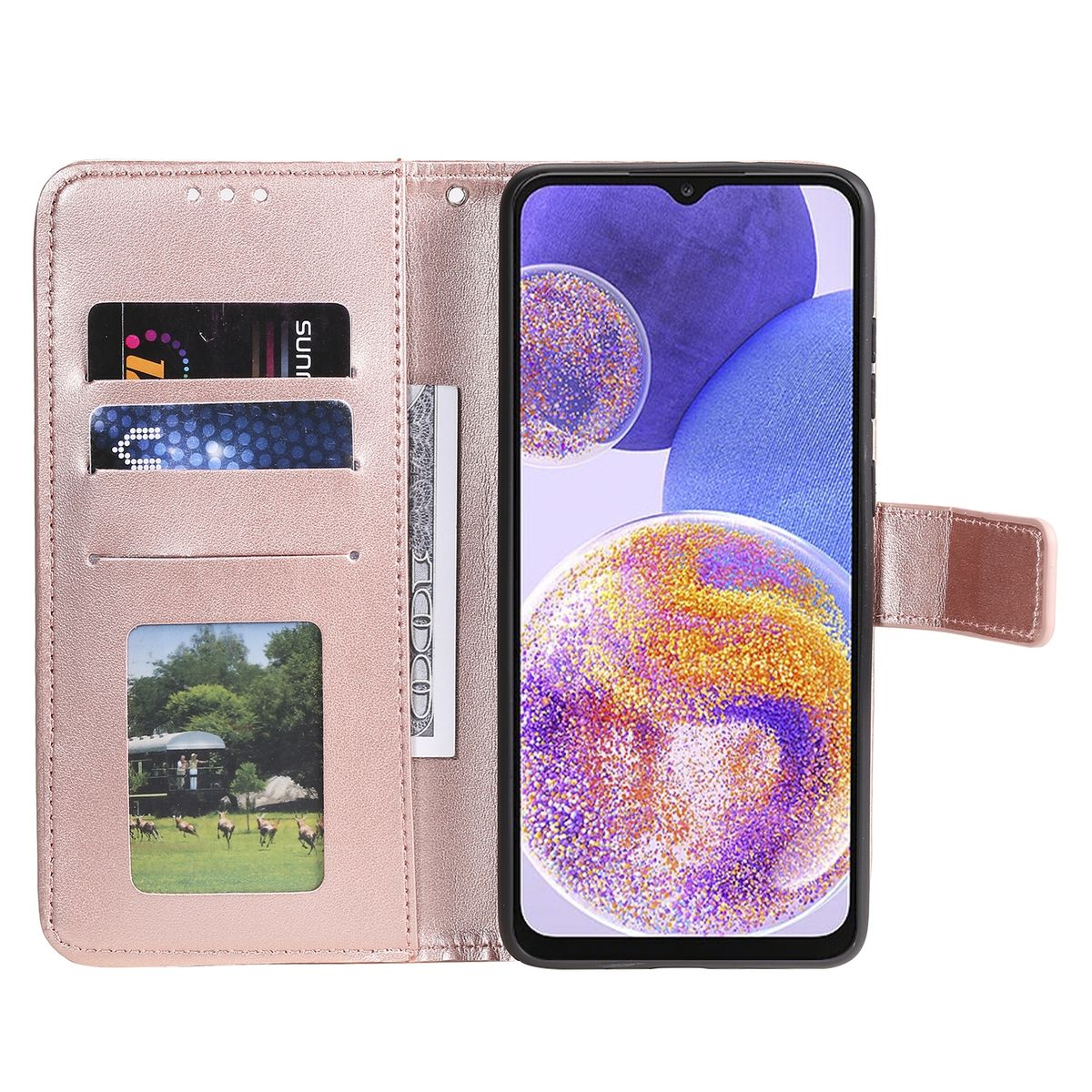 Rosa Handyhülle offen. Telefon, Karten und ein Bild in der Hülle.