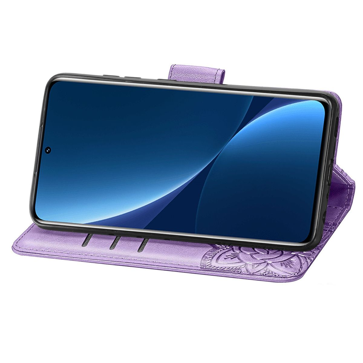Lila Handyhülle offen, Telefon hochgeklappt. Blumendesign sichtbar.