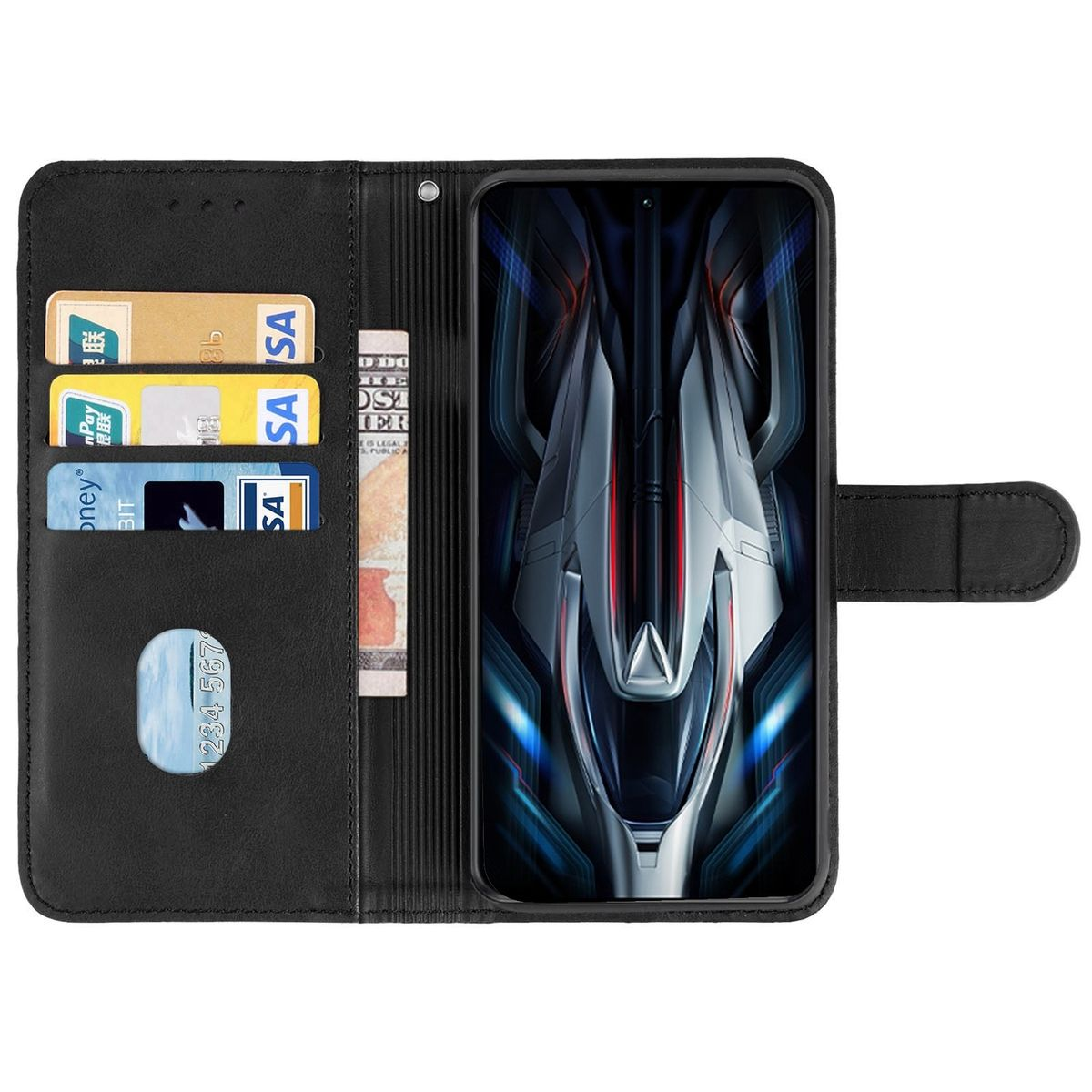 Schwarze Handyhülle im Brieftaschenstil, geöffnet, zeigt einen Bildschirm mit futuristischem Design.