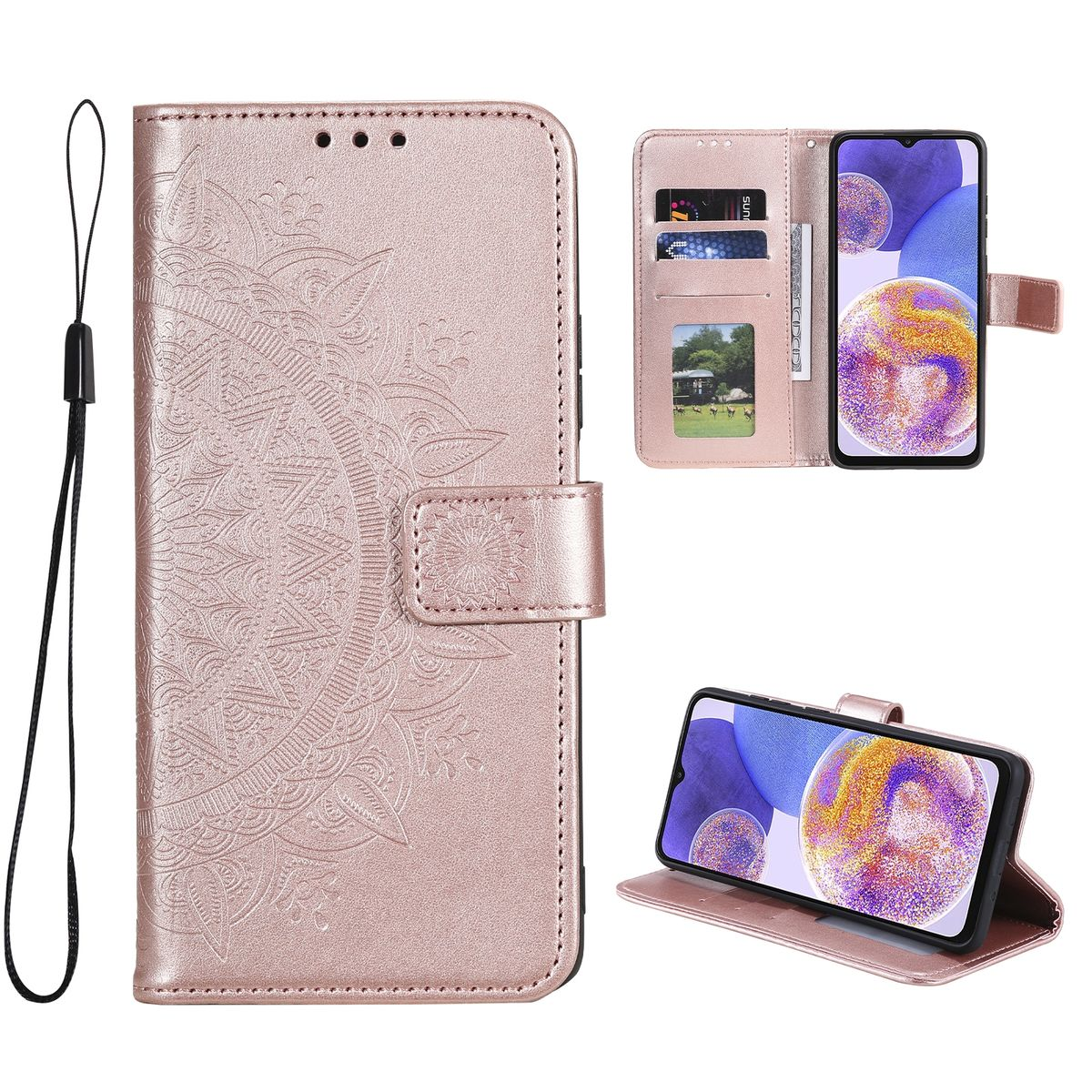 Rosa Handyhülle, offen und geschlossen. Mandala-Design, Kartenfächer, Telefonbildschirm sichtbar. Lanyard angebracht.