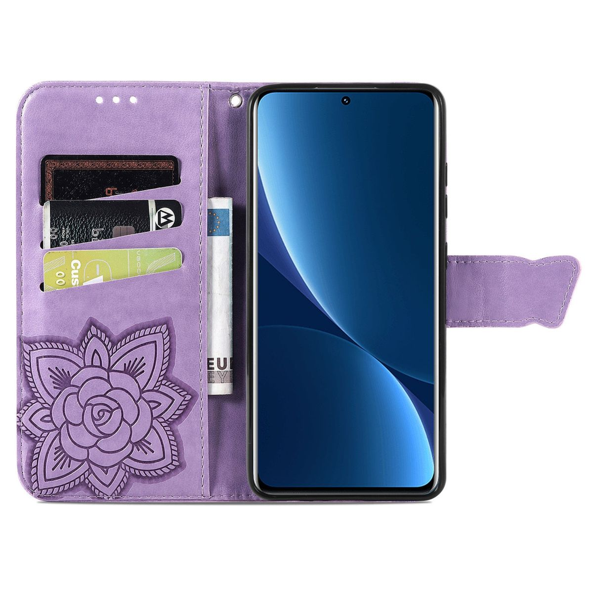 Lila Handyhülle mit Geldbörsenfunktionen. Karten und Geld drin. Schwarzes Telefon sichtbar.