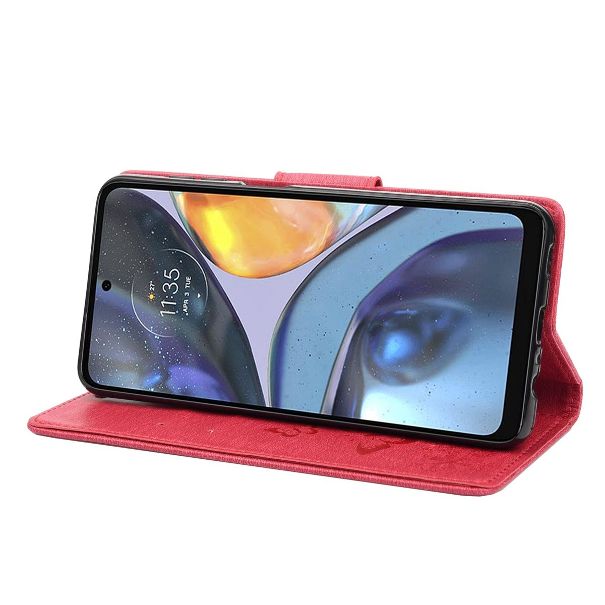 Ein Telefon in einer roten Handyhülle, geöffnet, um den Bildschirm zu zeigen. Die Uhrzeit und das Datum werden angezeigt.