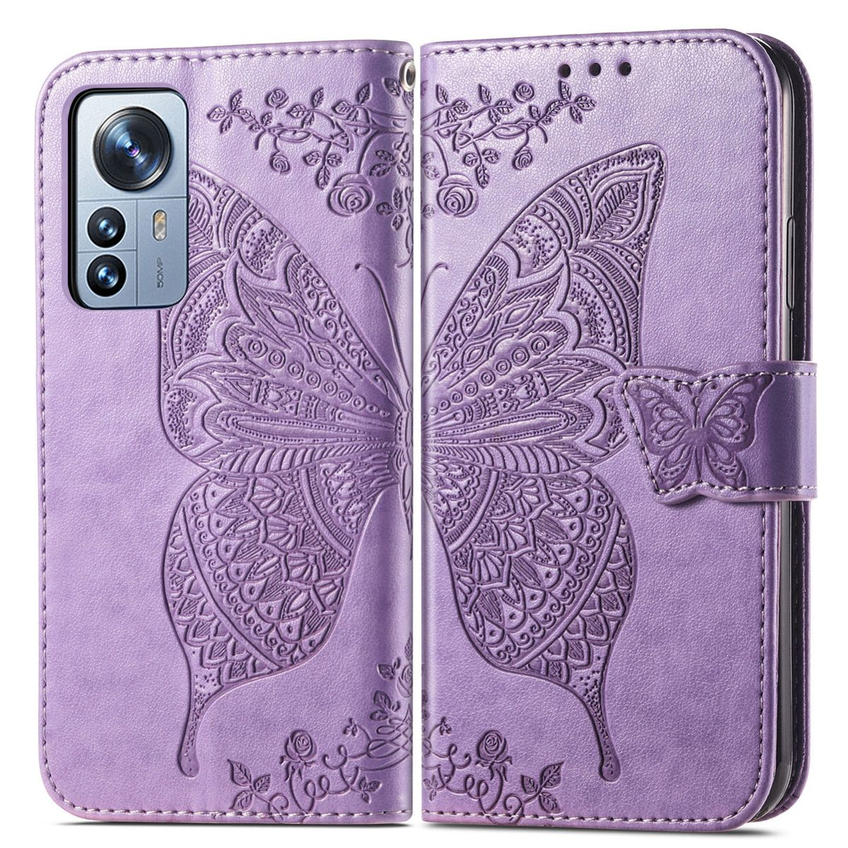 Eine lila Handyhülle mit geprägtem Schmetterlingsdesign, geöffnet, um das Telefon zu zeigen.