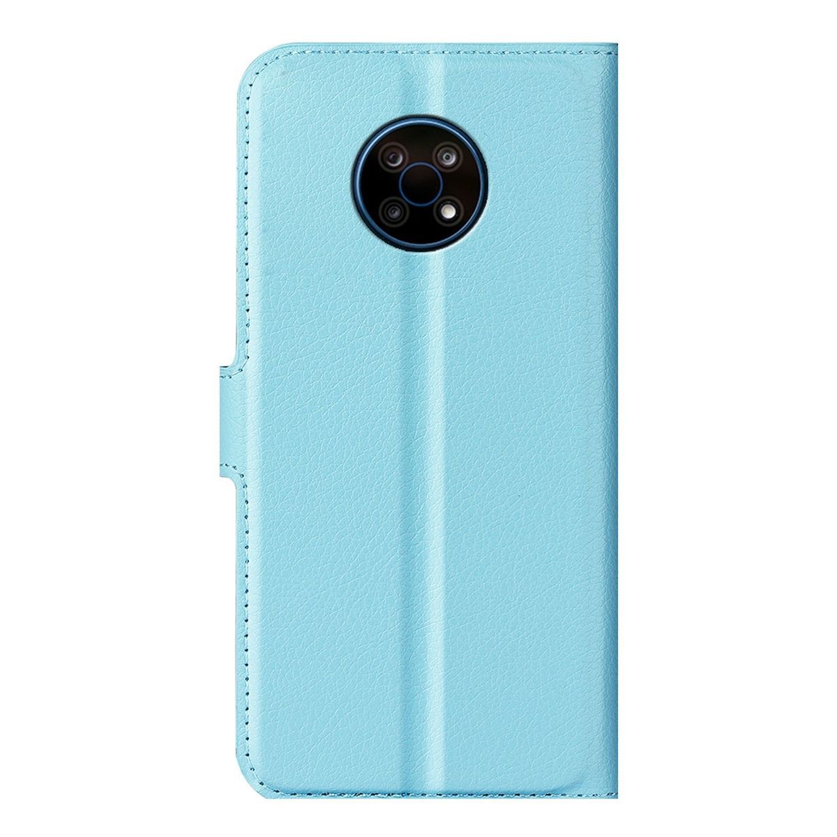 Hellblaue Handyhülle, geschlossen, mit sichtbarer Telefonkamera.