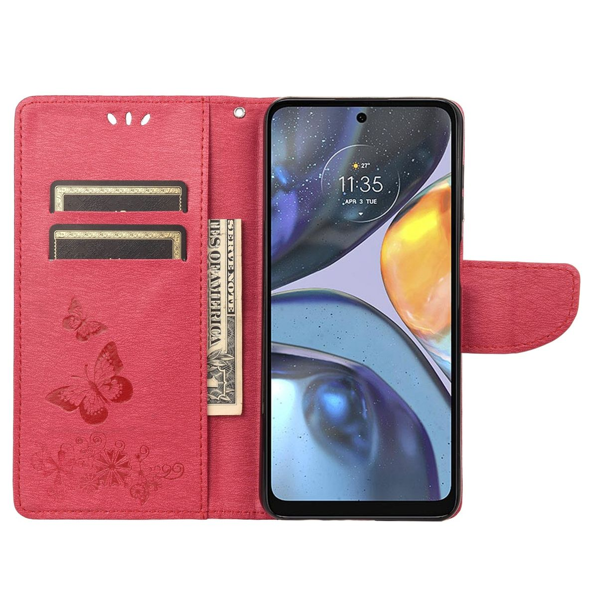 Rote Handyhülle, offen, mit Karten und Bargeld. Telefon zeigt einen Schmetterling auf dem Bildschirm.