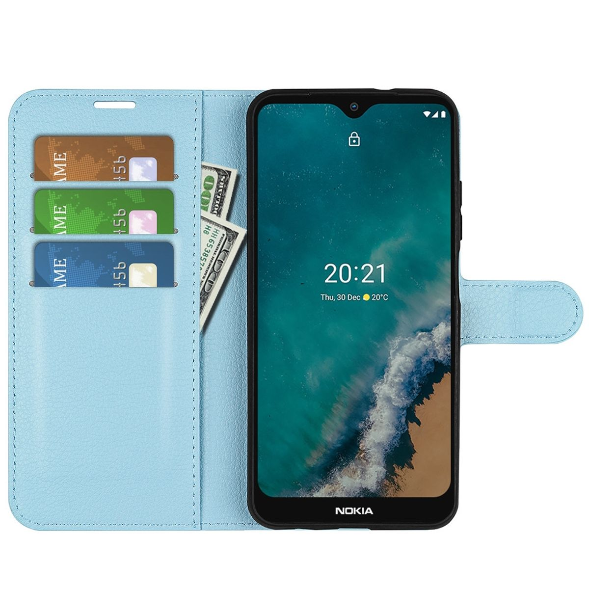 Blaue Handyhülle offen, mit einem Telefon, Karten und Geld im Inneren. Das Telefon zeigt die Zeit an.