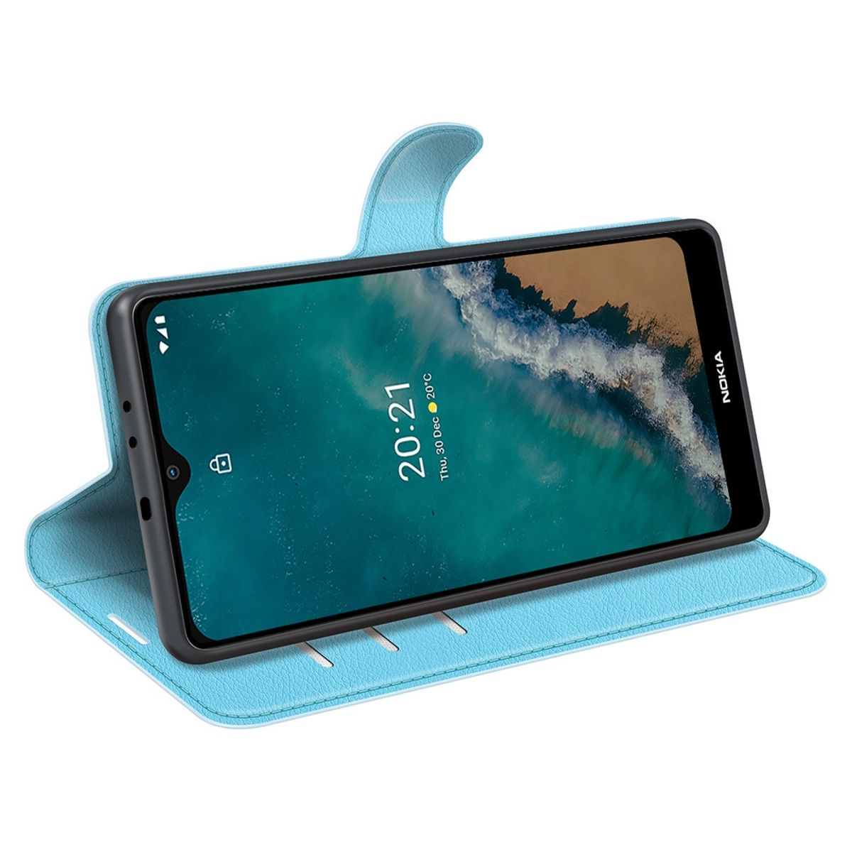 Blaue Handyhülle mit Telefon darin. Das Telefon zeigt Zeit und Datum an.