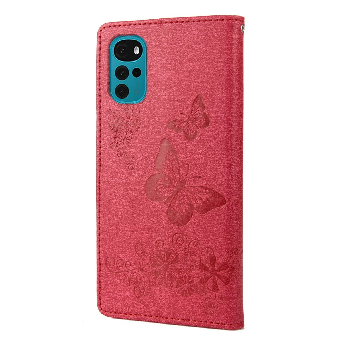 Rote Handyhülle mit Schmetterlings- und Blumenmuster, drei Kameralinsen sind sichtbar.