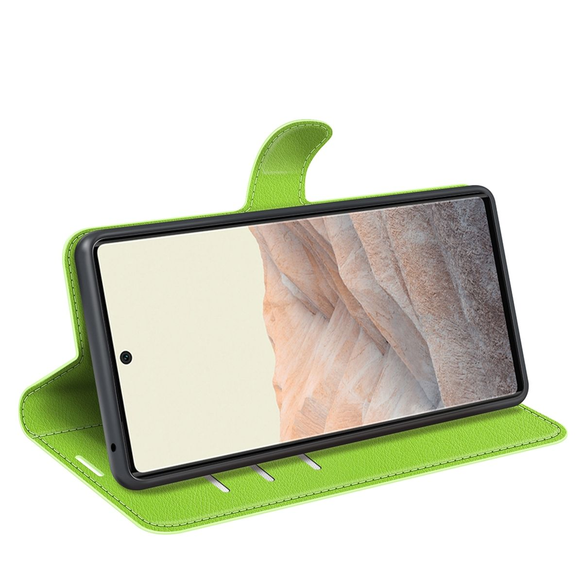 Geöffnete grüne Handyhülle mit einem Telefon darin. Das Telefon ist schwarz.