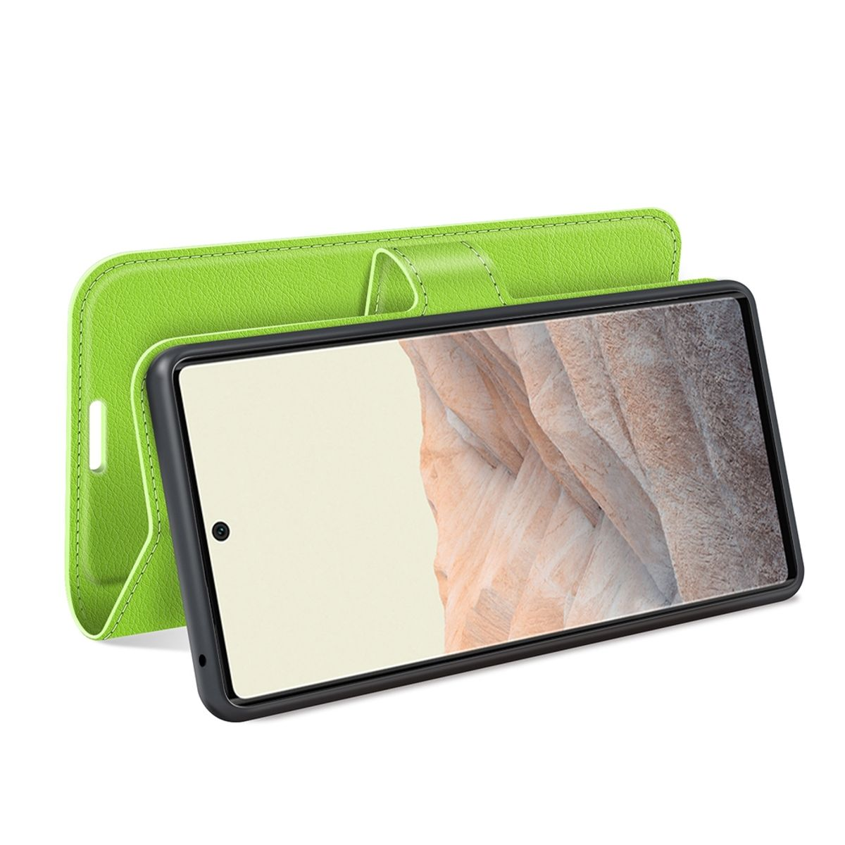Grüne Handyhülle, offen, Telefon zeigt einen weißen Bildschirm. Die Hülle ist auf weißer Oberfläche geöffnet.
