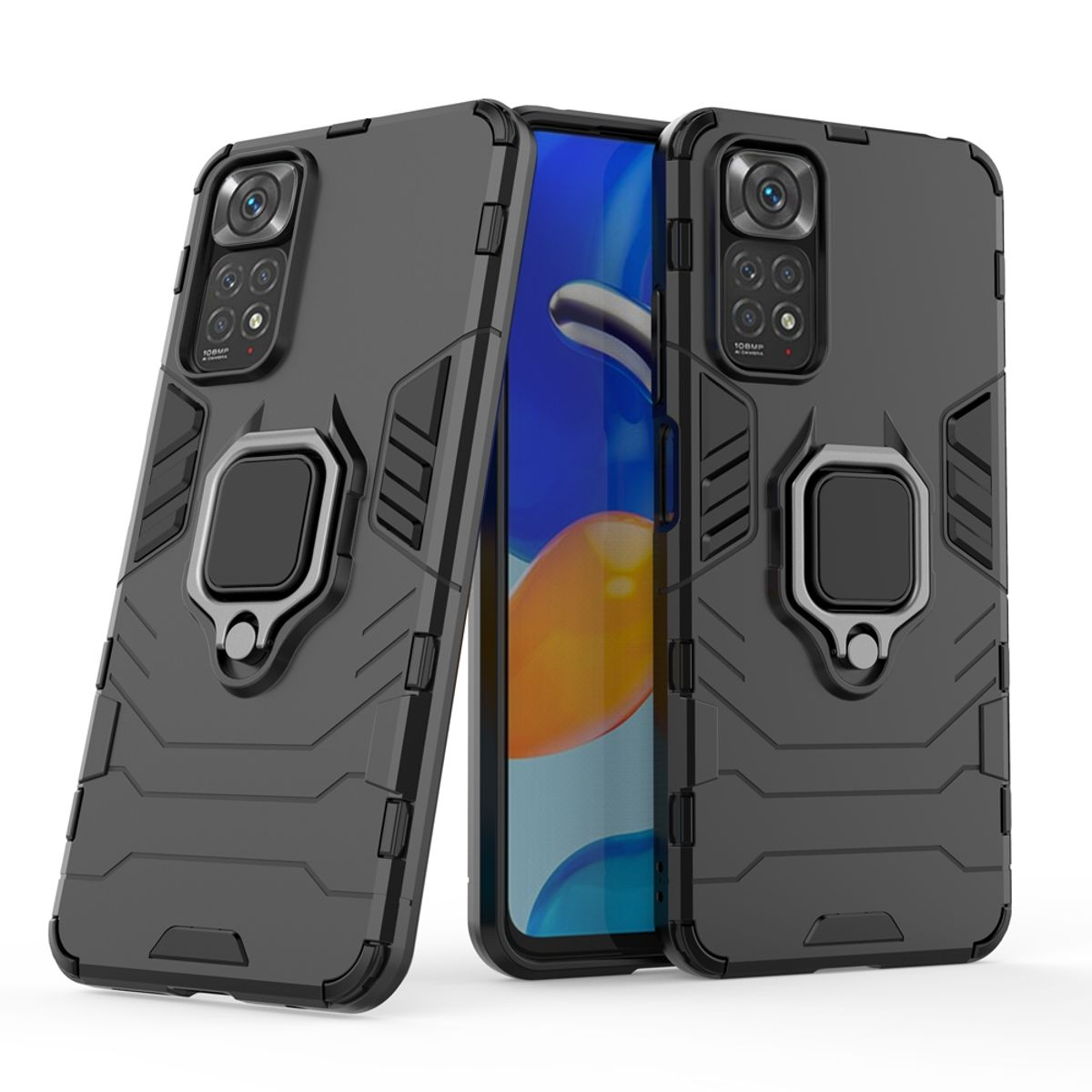 Drei schwarze Handyhüllen, mit einem Telefon in der mittleren Hülle. Weißer Hintergrund.