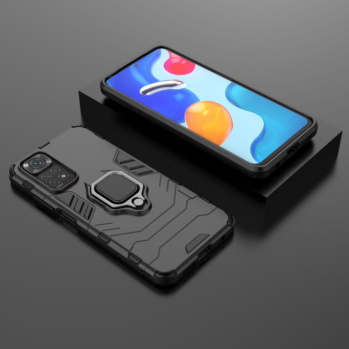 Schwarze Handyhülle, mit zwei Handys darin. Ein Telefon auf einer schwarzen Plattform.