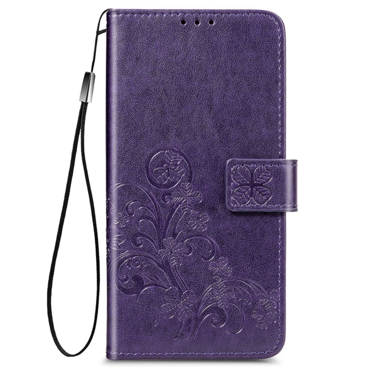 Lila Handyhülle mit floralem Design, geschlossen. Schwarzes Schlüsselband ist angebracht. Gehäuse hat Verschluss.