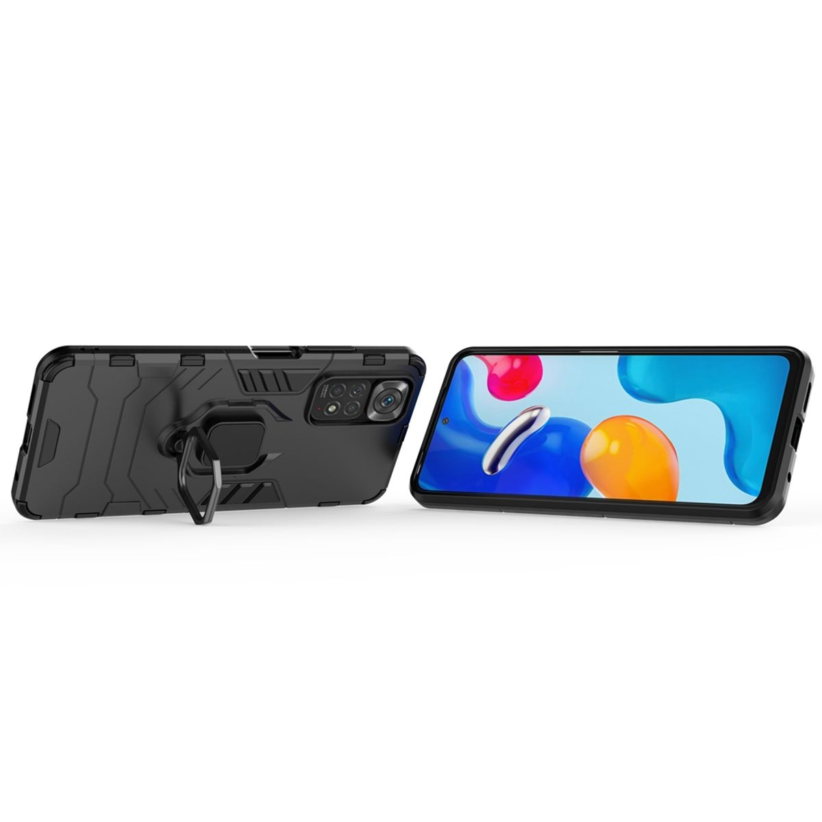 Schwarze Handyhülle mit Ständer. Telefon mit farbenfrohem Bildschirm liegt daneben, nach oben zeigend.