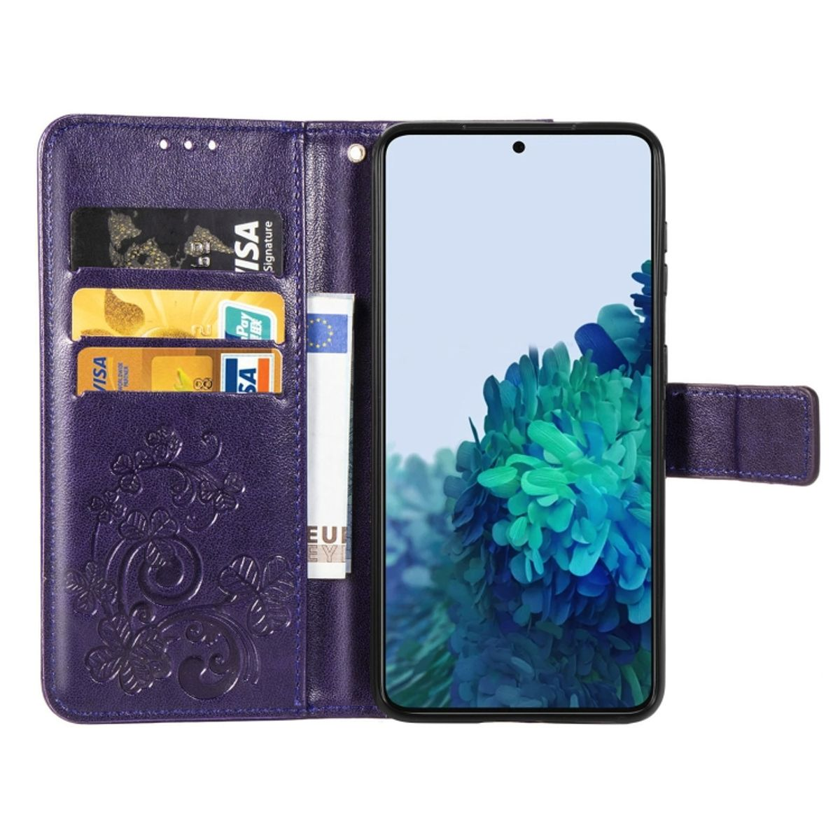 Lila Leder-Handycase mit Karten, Geld und Telefon mit farbenfroher abstrakter Kunst.