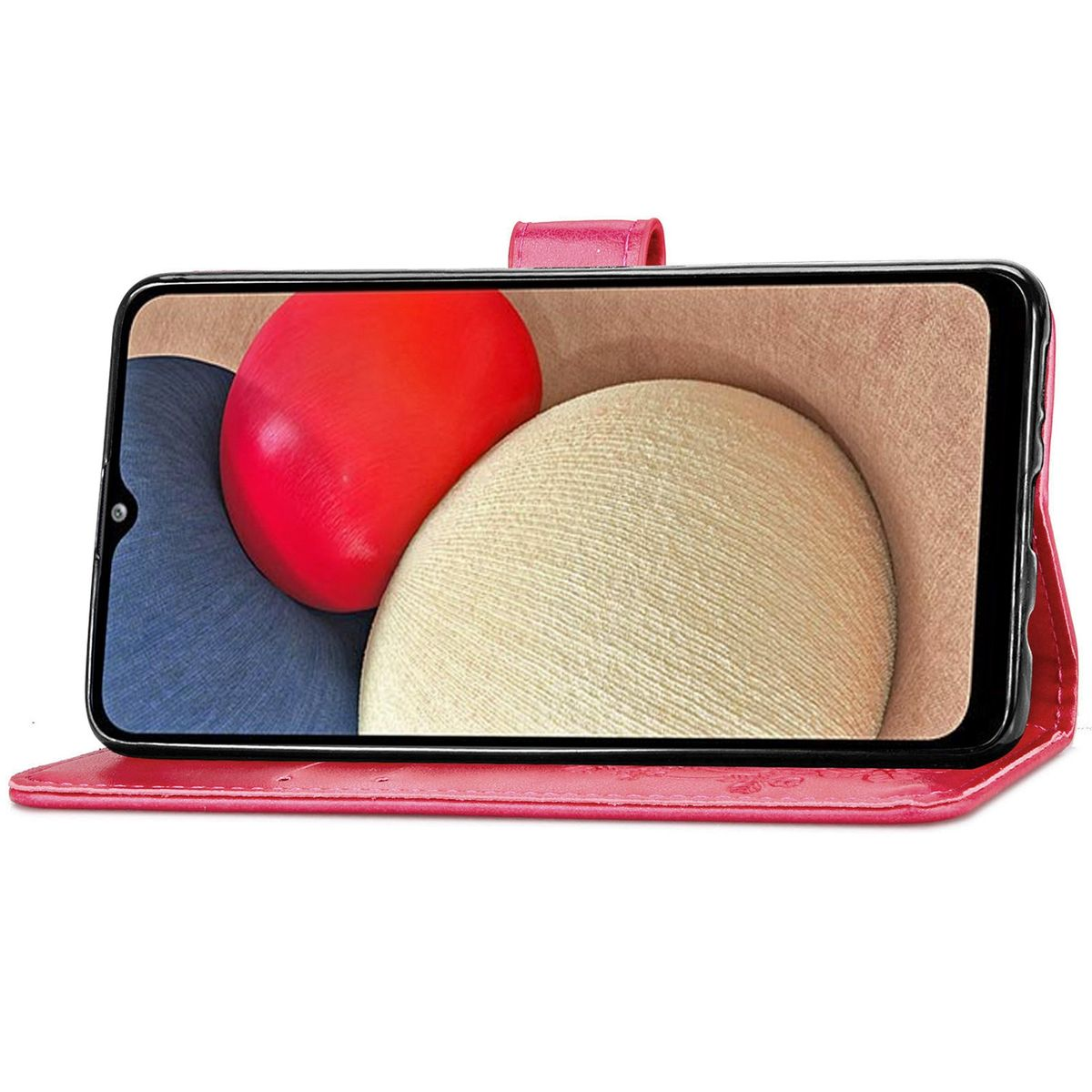 Rosafarbene Handyhülle, offen, mit Telefonbildschirm mit bunten abstrakten Formen. Rosa Hintergrund.