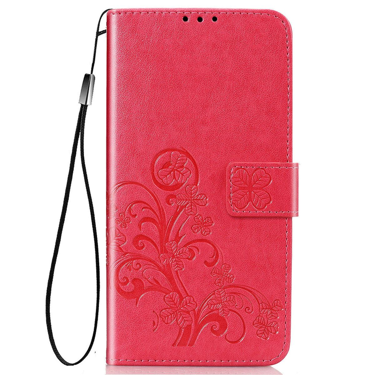 Eine rote Handyhülle mit Riemen. Die Hülle hat ein geprägtes Blumendesign und einen Magnetverschluss.