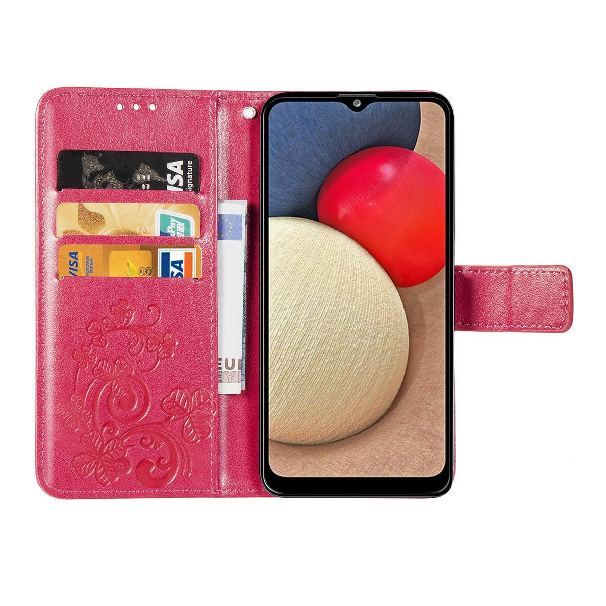 Rosa Brieftaschen-Handyhülle offen, zeigt Karten und Bargeld. Das Telefon zeigt ein Design mit roten und cremefarbenen Farben.
