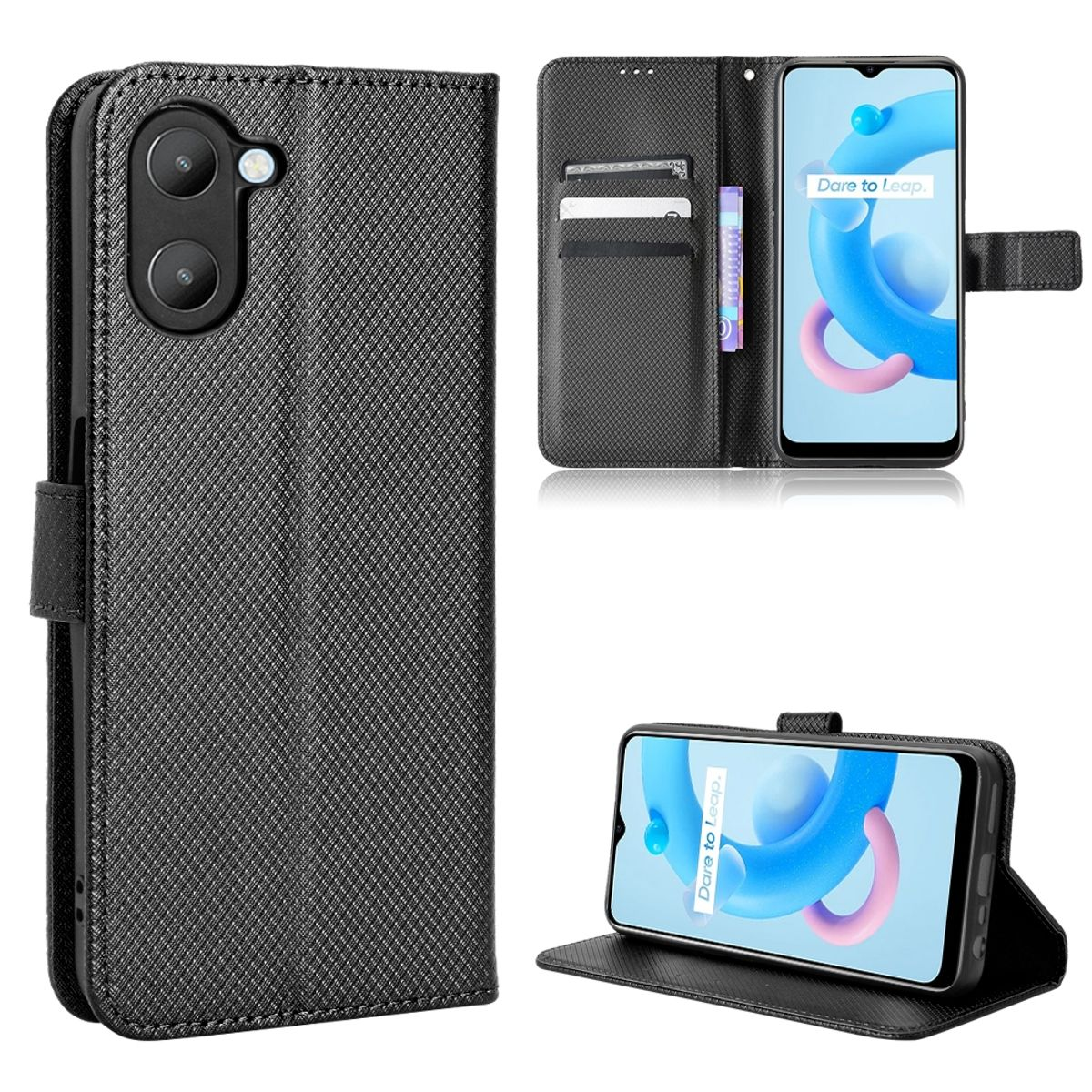 Schwarze, strukturierte Handyhülle mit Telefon. Es hat ein brieftaschenähnliches Design.