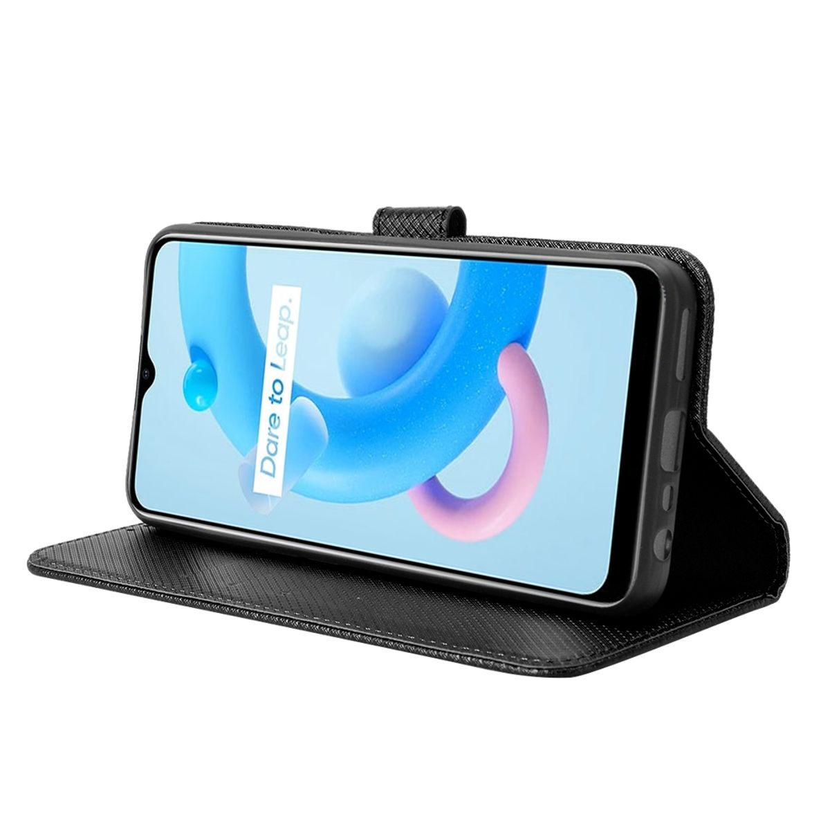 Schwarze Handyhülle, Telefon zeigt ein blaues und rosa abstraktes Bild.