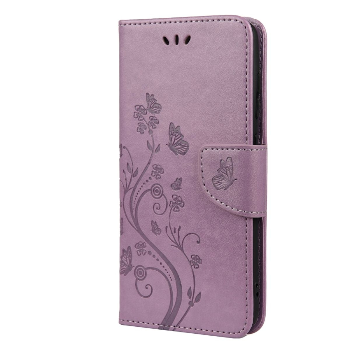 Lila Handyhülle mit Blumen- und Schmetterlingsmuster. Mit Magnetverschluss.