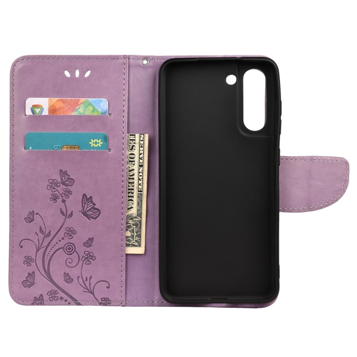 Geöffnete lila Handyhülle mit Blumen- und Schmetterlingsdesign. Geld und Karten sichtbar.
