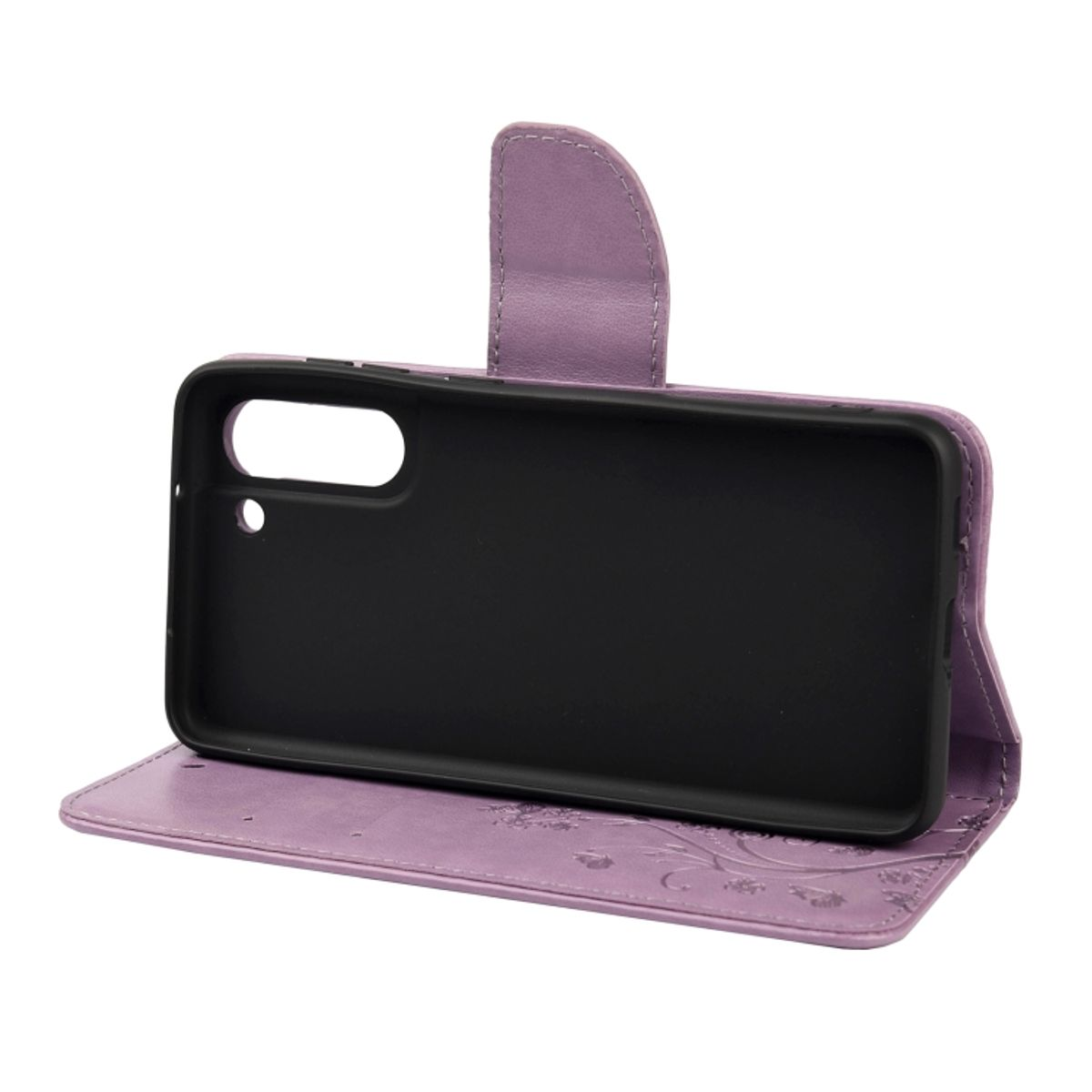 Eine offene lila Handyhülle, die den Telefonhalter und ein Blumendesign zeigt.