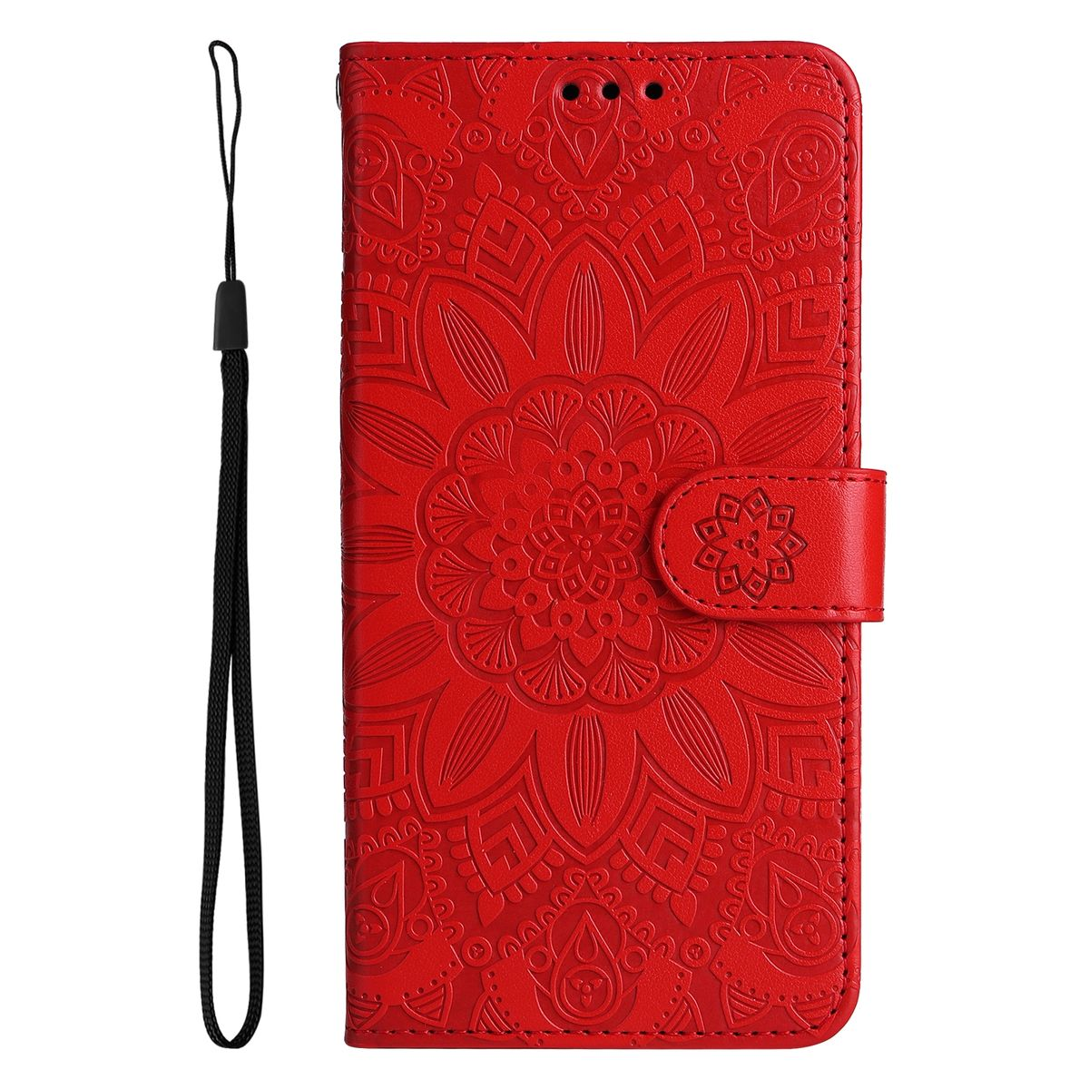 Rote Handyhülle, geschlossen, mit floralem Design und einem Riemen. Der Riemen ist schwarz und hängt herunter.