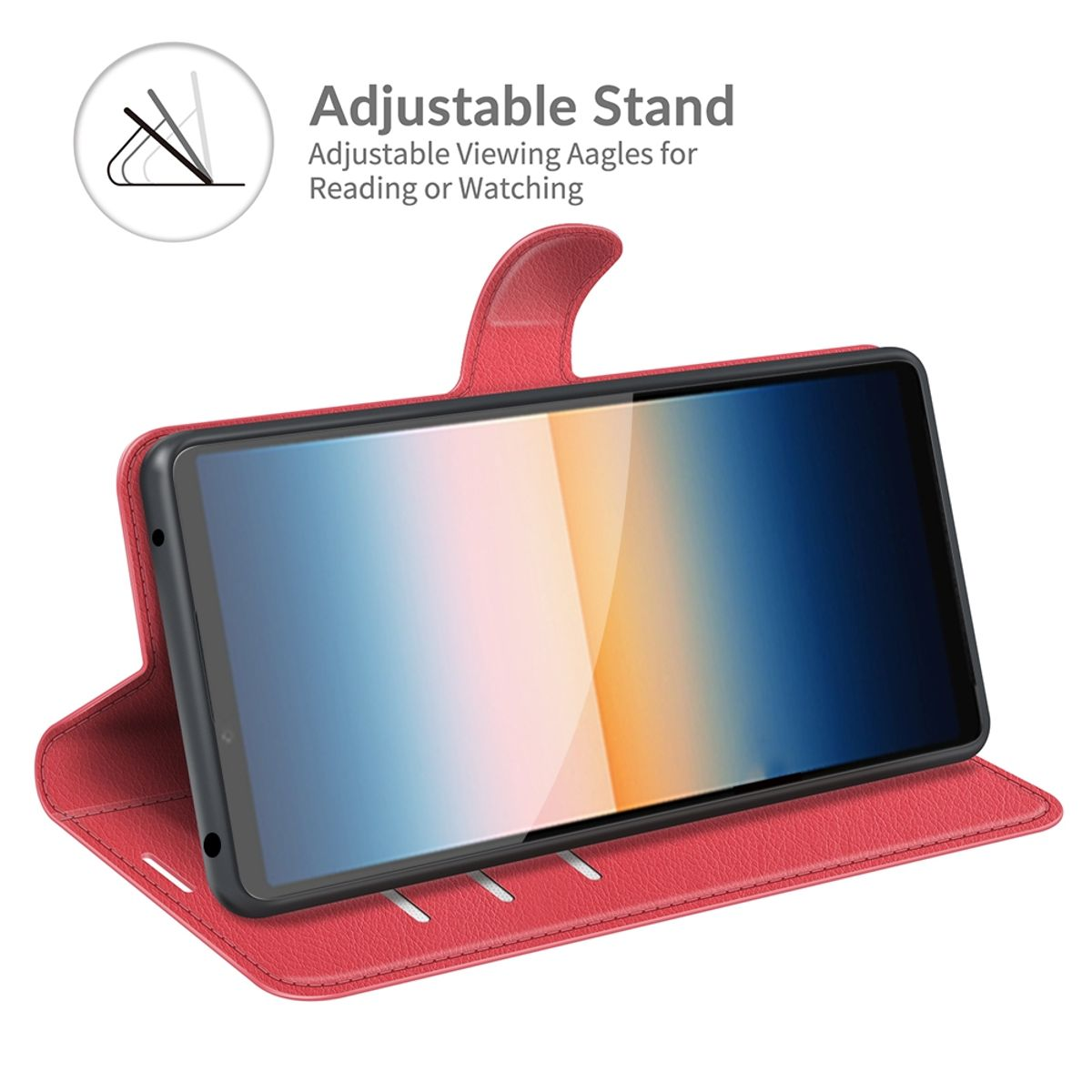 Rote Handyhülle mit einem Telefon darin, in einem Winkel. Einstellbare Stützfunktion zeigen.