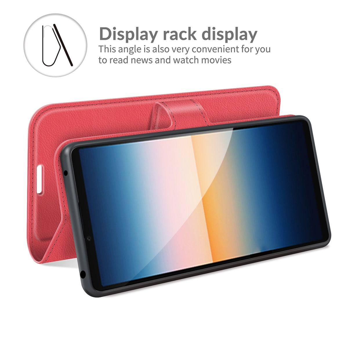 Rote Handyhülle mit offenem Handy. Weißer Hintergrund.