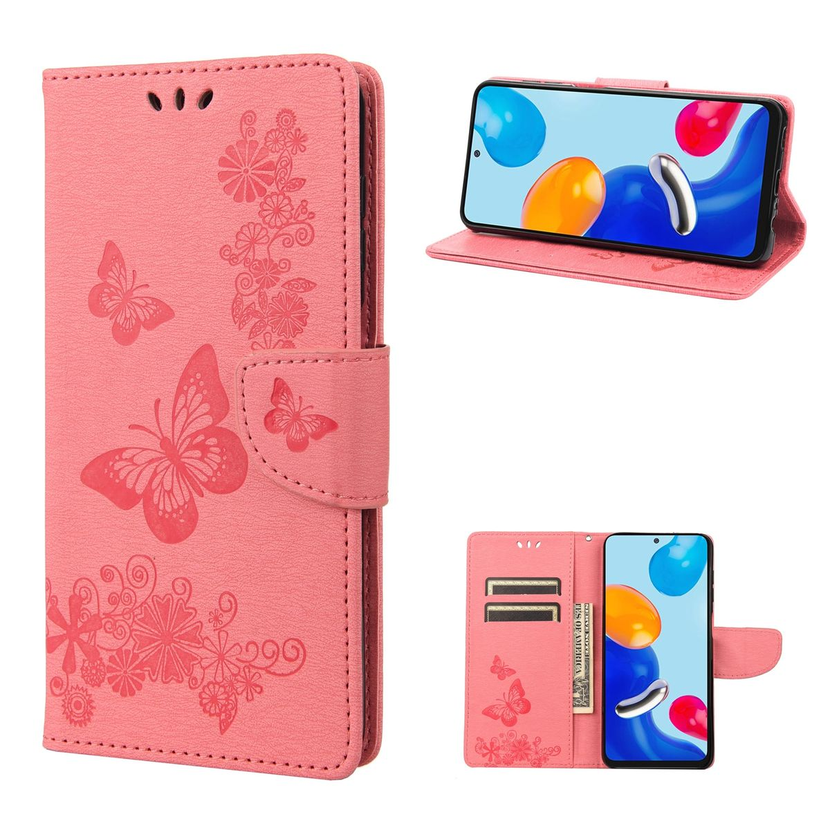 Rosa Handyhülle mit Schmetterlingsdesign, offen zur Anzeige des Telefons. Zusätzliche Ansichten zeigen die Telefonnutzung.