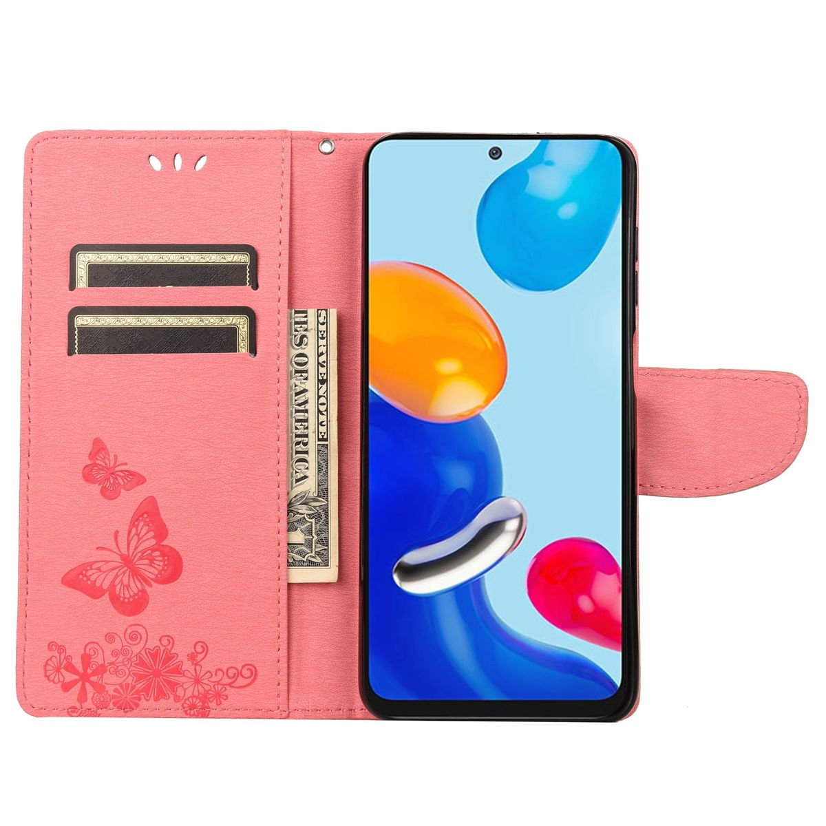 Rosa Handyhülle mit Schmetterling- und Blumendesign, mit Geld und Karten. Das Telefon ist nicht sichtbar.