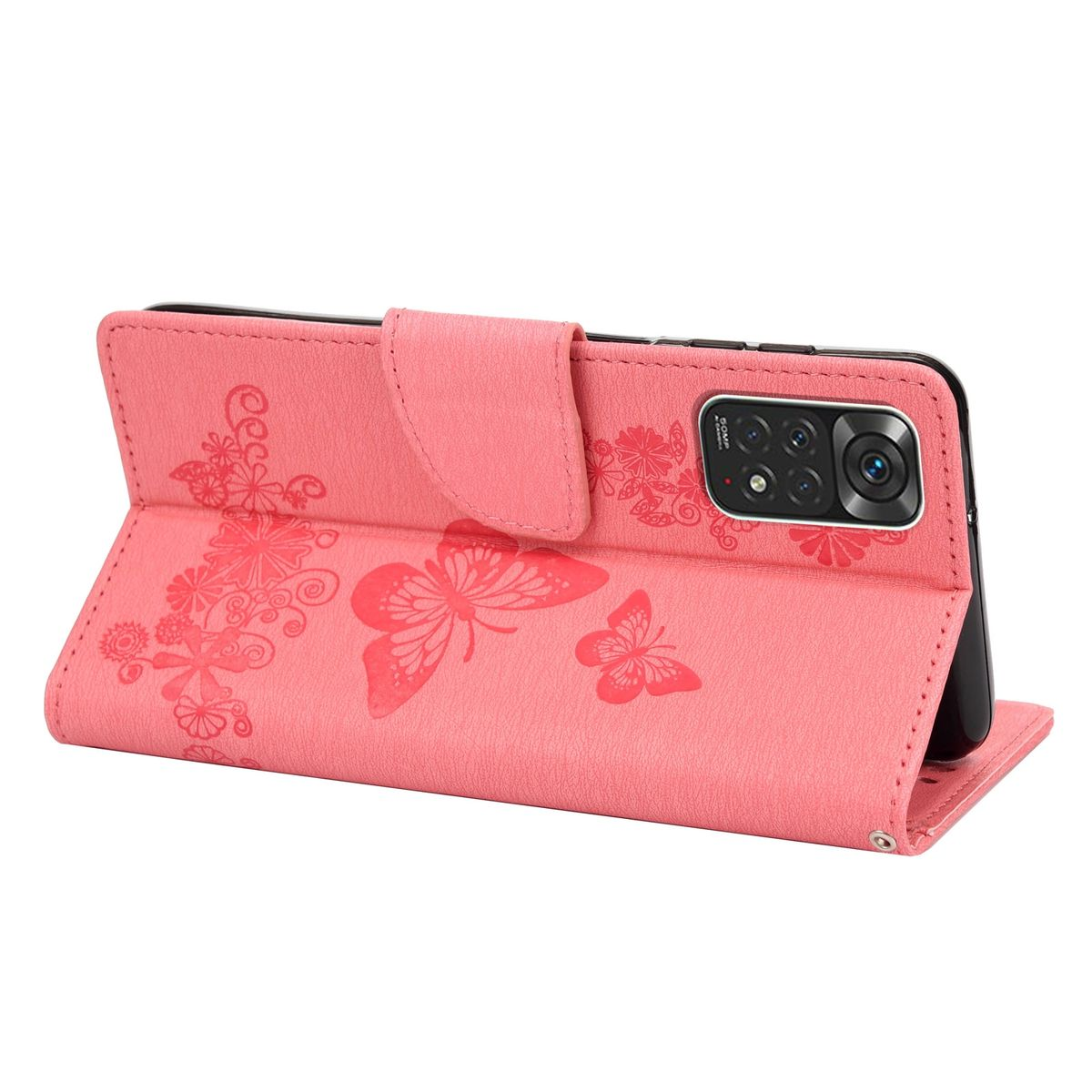 Pinkfarbene Handyhülle, offen. Zeigt Telefon mit Kameramodul. Hülle hat Schmetterling- und Blumenmuster geprägt. Pinkfarbener Hintergrund.