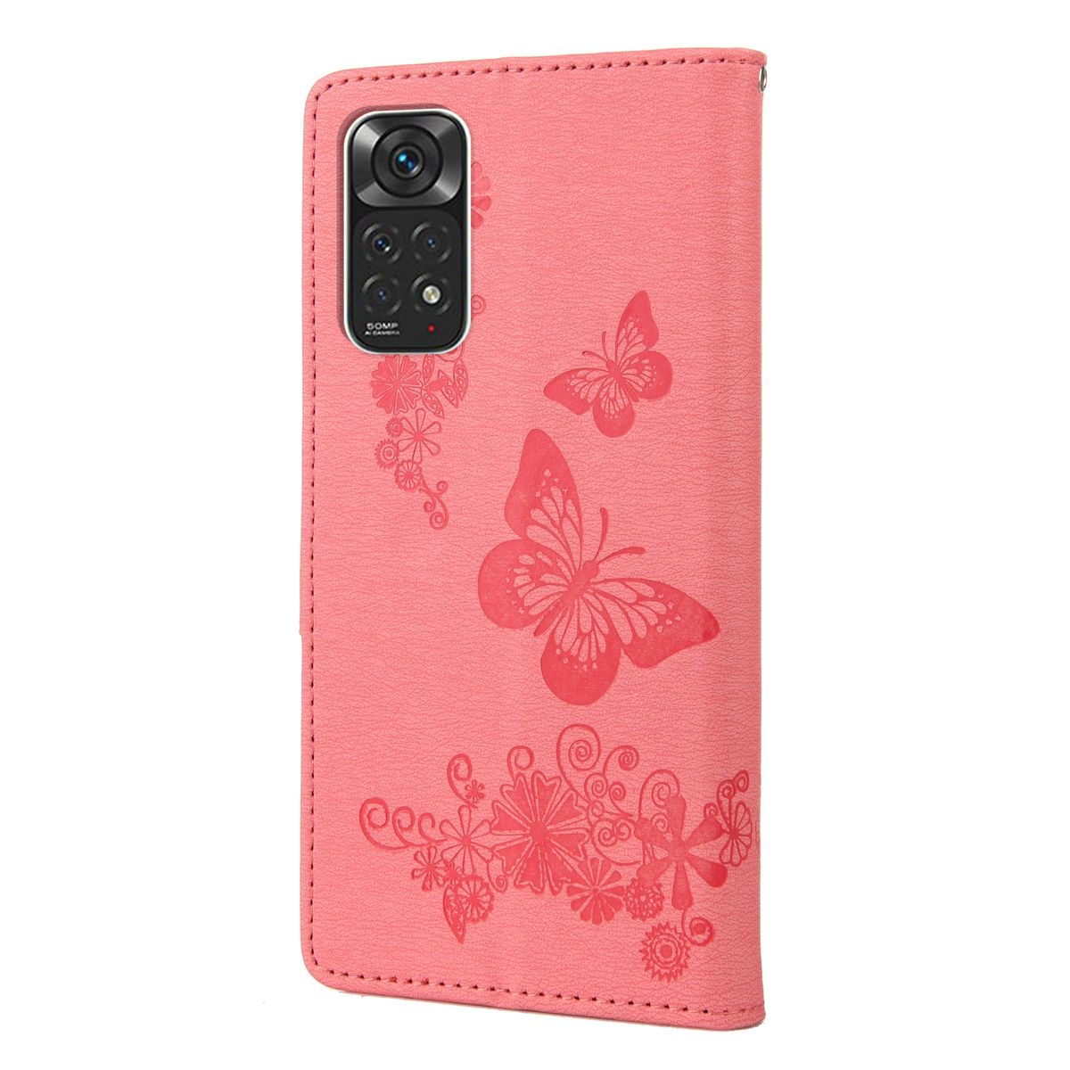 Rosa Handyhülle offen. Telefon innen. Schmetterlinge und Blumen auf dem Case sichtbar.