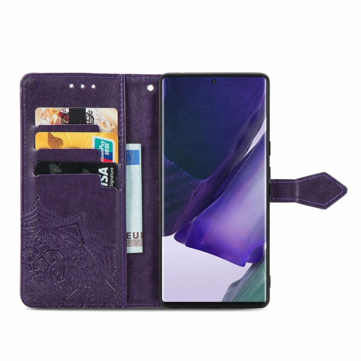 Lila Handyhülle mit Karten und Handy. Geöffnet, mit Mandala-Design. Bildschirm zeigt Lila. Hintergrund ist weiß.