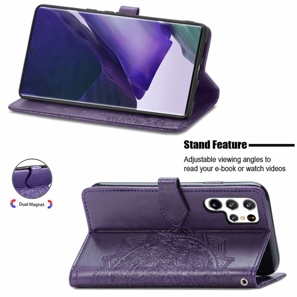 Lila Handyhülle, offen. Telefon angewinkelt, mit Ständer. Geprägtes Design.