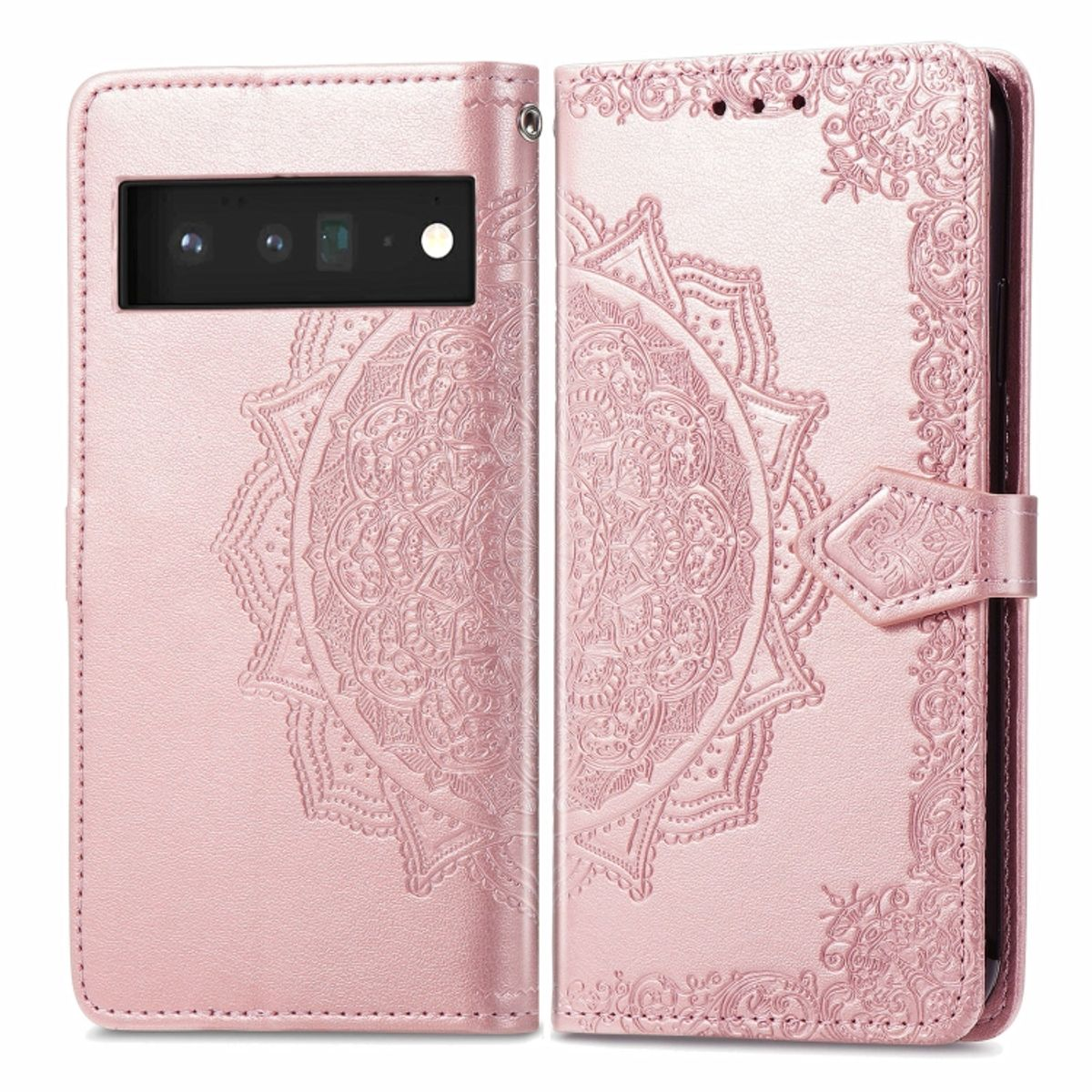 Rosa Handyhülle mit Mandala-Design, offen. Telefon auf der linken Seite.