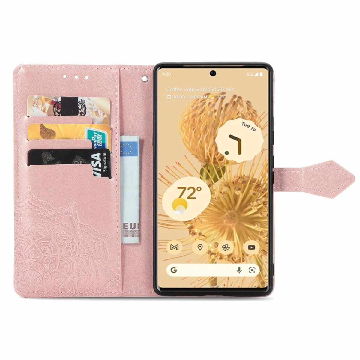 Eine rosa Handyhülle, offen, mit Karten und einem Telefon darin. Ein florales Design wird ebenfalls angezeigt.