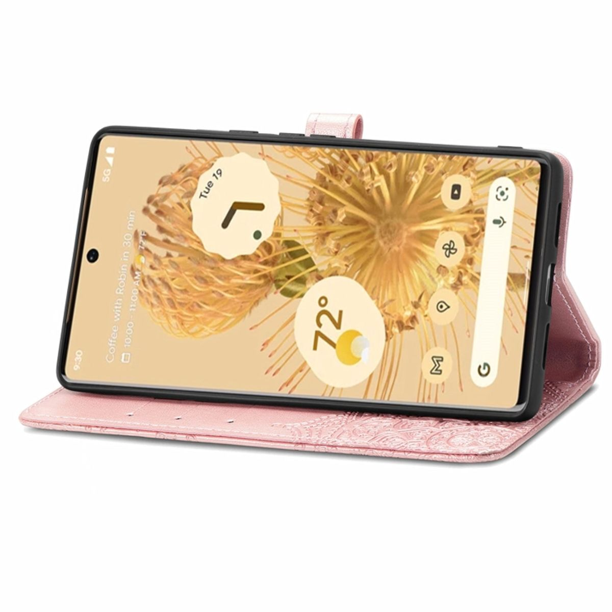 Rosa Handyhülle offen mit Telefon, das eine Wetter-App zeigt. Die Hülle hat ein Blumenmuster.
