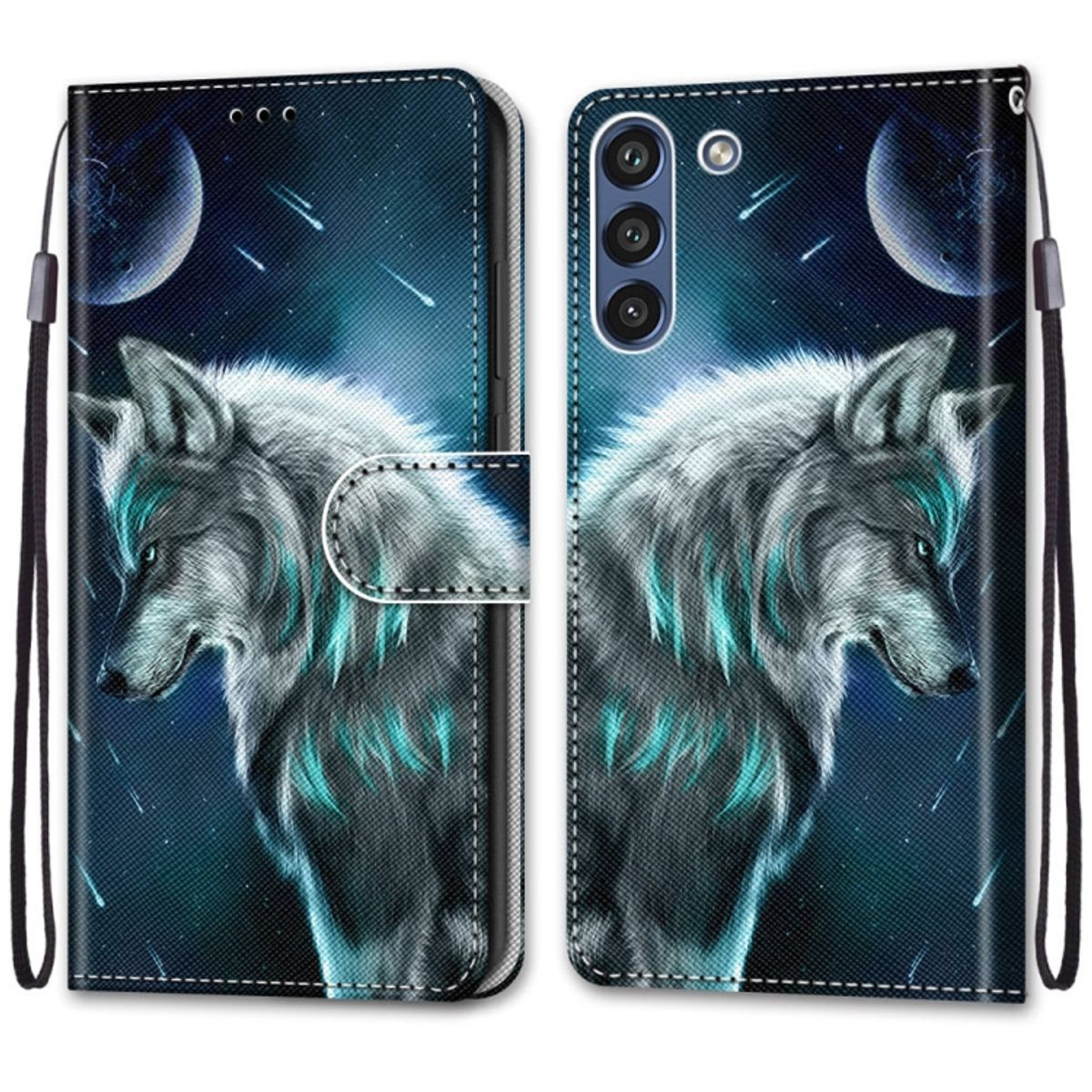 Eine Handyhülle mit einer Wolfsillustration und blauem Hintergrund.