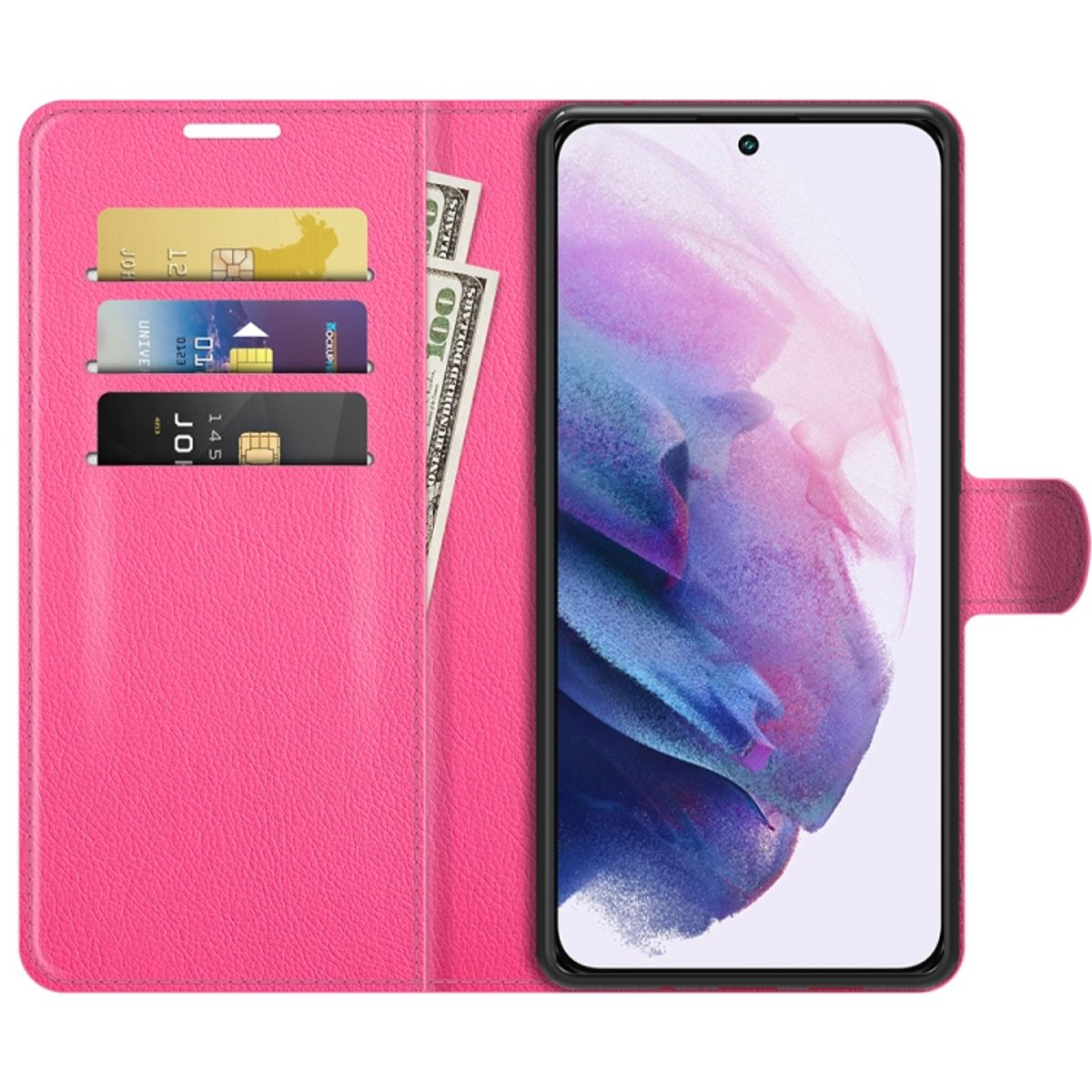 Rosa Handyhülle geöffnet, mit Karten, Bargeld und Telefon. Der Hintergrund ist weiß.