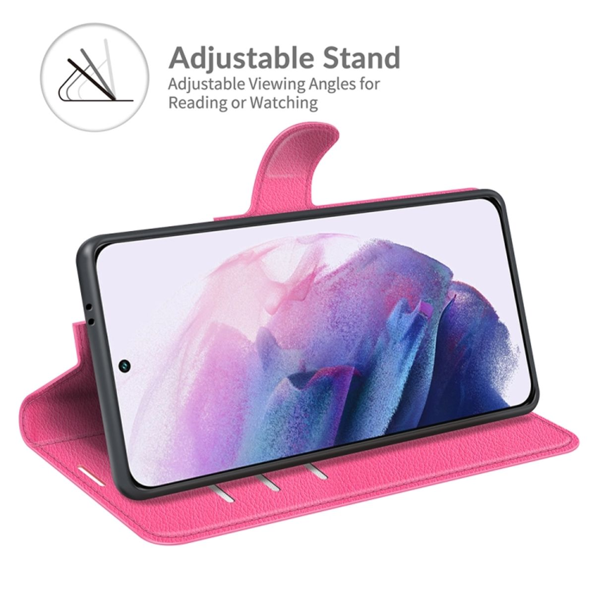Rosa Handyhülle mit Telefon darin, geöffnet, um den Bildschirm und die Standfunktion zu zeigen.