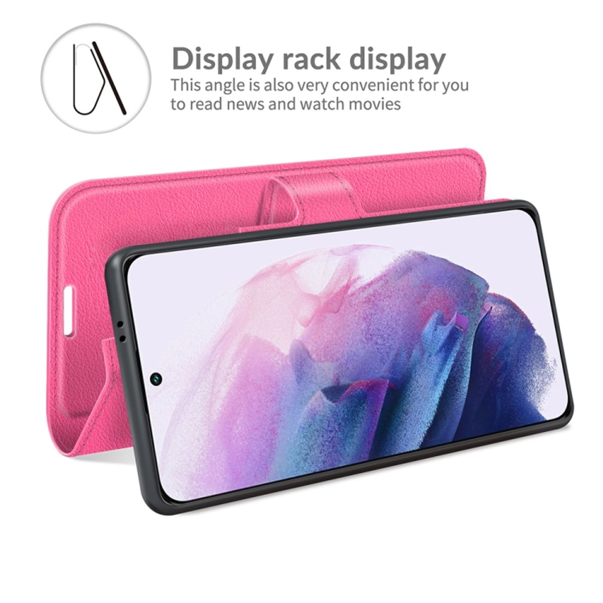 Rosa Handyhülle, mit aufgestelltem Telefon. Text zeigt Display-Rack-Anzeige.