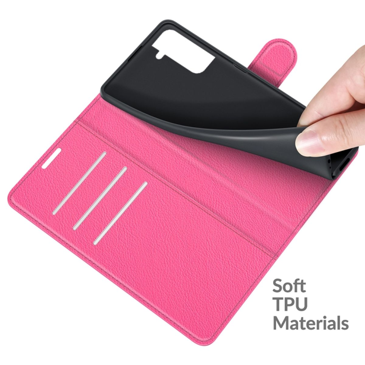 Hand hält eine Handyhülle. Die Hülle ist rosa und hat Schlitze für Karten.