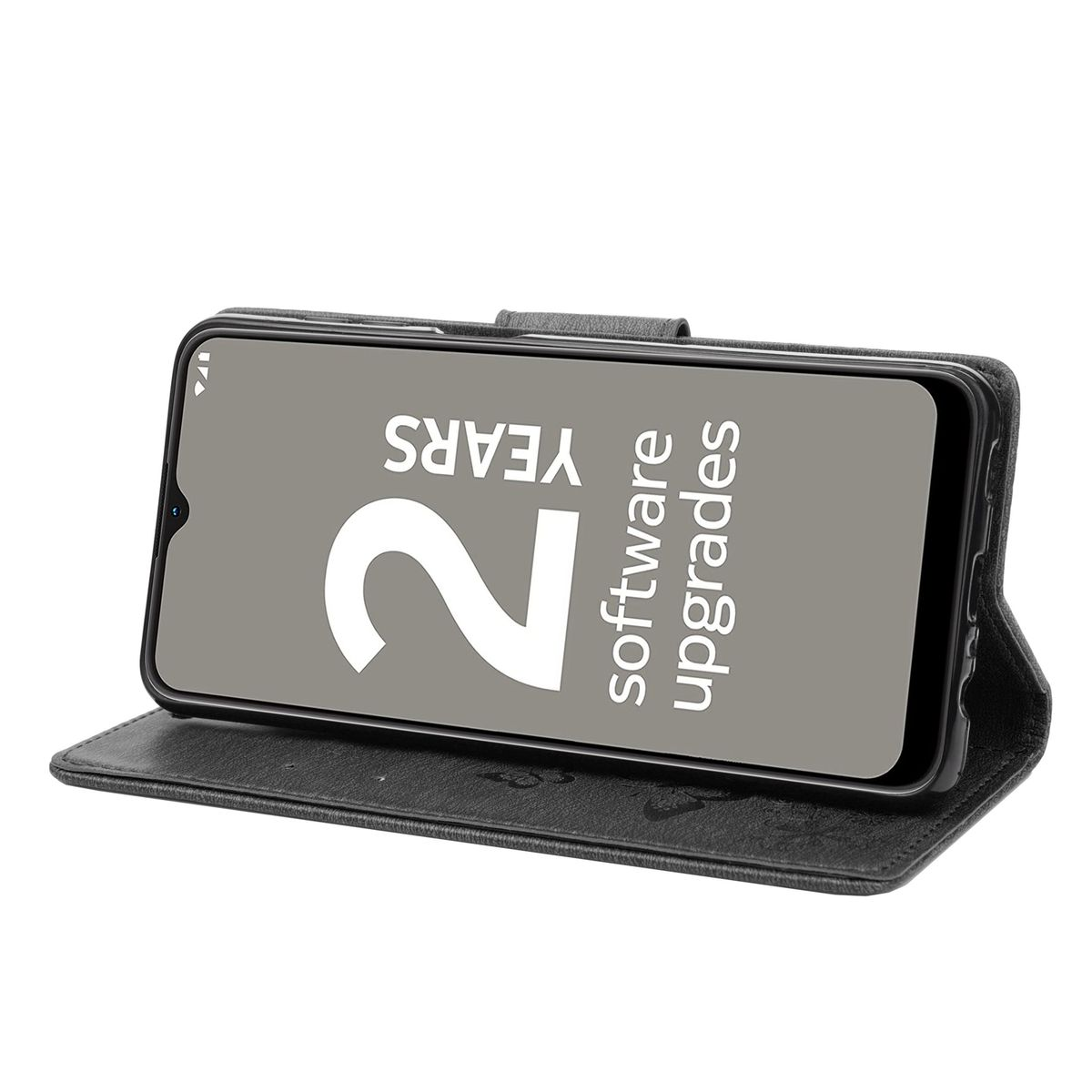 Schwarze Handyhülle offen, Telefon zeigt "2 JAHRE Software-Upgrades" auf dem Bildschirm.