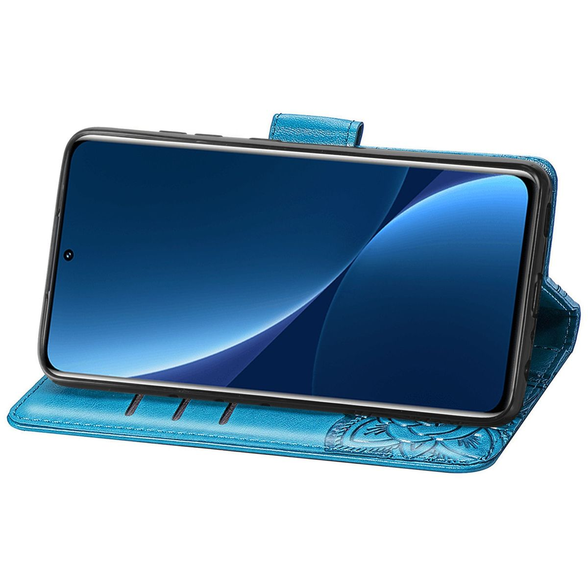 Blaue Handyhülle mit Telefon im Inneren. Weißer Hintergrund.